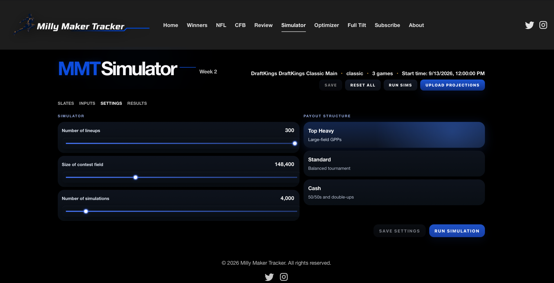 Milly Maker Tracker simulator settings page